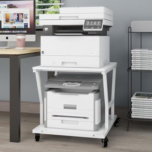PUNCIA 50x50x60cm Heavy Duty Large Printer Stand with Storage | 2 Tier Printer Table on Wheels, Copier Stand Laser Printer Cart with Paper Storage Shelf for Home Office White