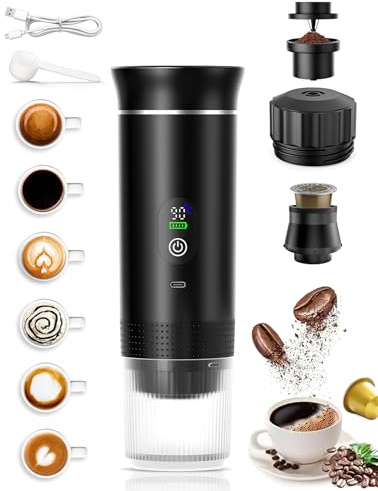 Bärbar Kaffemaskin, Elektrisk Espressomaskin med Självuppvärmning | 2-i-1 Kapselkaffemaskin Kompatibel med Malet Kaffe och Kaffekapslar för Camping, Vandring och Resor