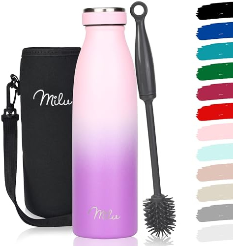 Milu Edelstahl Trinkflasche 350ml, 500ml, 750ml, 1L, 1,5L – Thermosflasche für Kinder Erwachsene auslaufsicher Isolierflasche Kohlensäure geeignet– inkl. Reinigungsbürste (Pink Violett, 500ml)