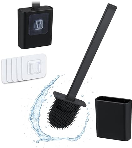 Relaxdays Toilettenbürste Wandmontage, zum Kleben, HxBxT: 35,5 x 9,5 x 4 cm, WC-Bürste mit Halter, Kunststoff, schwarz