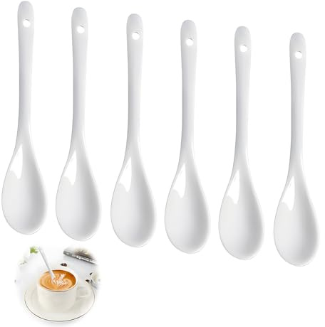 6 cucchiai per uova in porcellana, cucchiai in ceramica bianca, piccoli, cucchiaini da caffè, cucchiai lunghi con manico, mini cucchiai da dessert per tè, caffè, dessert, yogurt, miele, gelato