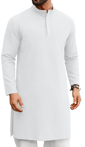 Runcati Mens Kaftan Thobe Button Down Henley Shirts Long Sleeve Kurta White