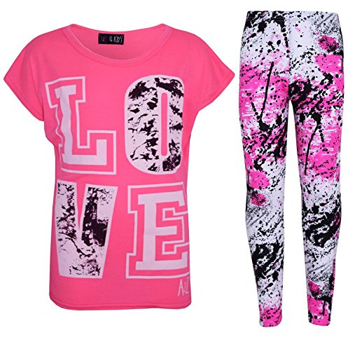 A2Z 4 Kids Girls Love Print Crop Top with Short/Long Sleeves - Love Splash Set Neon Pink 9-10
