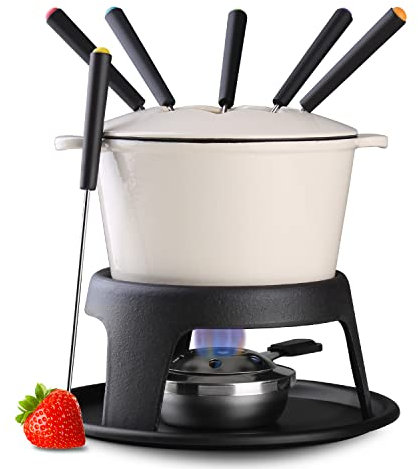 Artestia Cast Iron Fondue Pot Set for Chocolate Cheese Swiss Fondue Set for Meat with 6 Fondue Forks, Cheese Camping Fondue Set Serve 6 Persons(White)