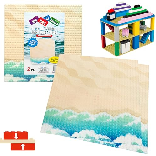 Ocean Beach Terrain Baseplates for Building Bricks - Set of 2 Large 10x10 Building Plates-Compatible w All Major Brands-Great for Activity Tables & STEM Learning Toy- Kids Easter Basket Stuffer Gift