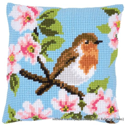 VERVACO Kit Cuscino Punto Croce PETTIROSSO E FIORI Set Ricamo Principianti Cuscini Gobelin Decorativi ca. 40 x 40 cm Accessori Per Lavoretti Creativi DIY Casa Decor Hobby Adulti Cross Stitch