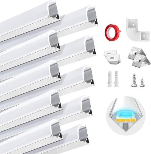 HOMMAND Canal LED, perfil LED, 10 piezas de 1 m, forma de V, perfil de aluminio LED y difusor de tira LED con cinta adhesiva, conectores de esquina, tapas de extremo y clips de montaje, canal de tira