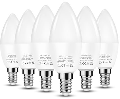 E14 LED Lampe Kerzenform Warmweiß, 60W Halogenlampe ersetzt, JandCase 7W C37 E14 LED Kerze Lampe, Warmweiß 3000K, 600LM E14 Glühbirne Kerzenform, Nicht Dimmbar, 6er Pack