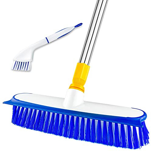 ITTAHO 30,5 cm breite Boden-Scheuerbürste mit langem Griff, ausziehbare Fugenbürste für Fliesenboden, Deck, Terrasse, Marmor, Garage, Küche, Bad, zusätzliche Handfugenbürste (blau)