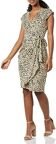 Amazon Essentials Women's Classic Cap Sleeve Wrap Dress with V Neck, Pleated Waist, Tan, Classic Animal Print, 2X