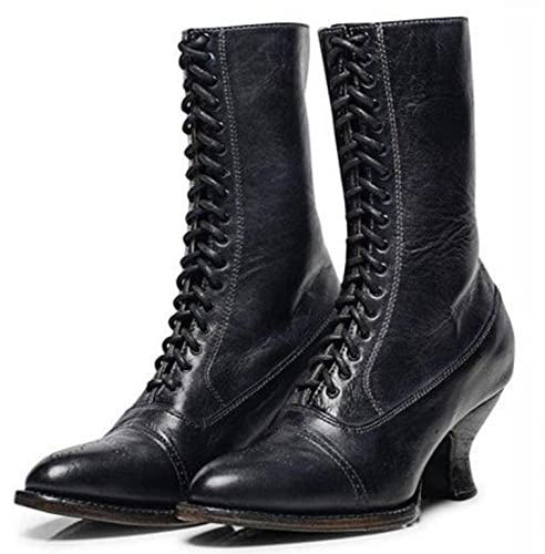 PAIDAXING Bottines à lacets pour femme - Longueur mollet - Style victorien - Cuir - Talon Louis - Vintage - Steampunk gothique, Noir , 39 EU