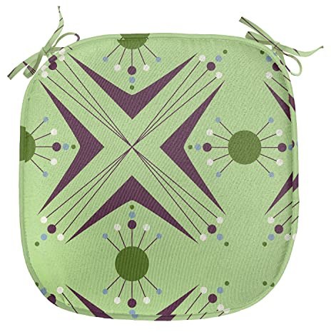 Ambesonne Mid Century Chair Seating Cushion, Atomic Form Boomerang Details Dots and Crossed Lines, Anti-Slip Seat Padding for Kitchen & Patio, 16x16, Apple Green Indigo