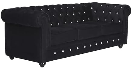 Vente-unique - Canapé 3 Places Chesterfield - Velours Noir et Boutons Effet Cristal