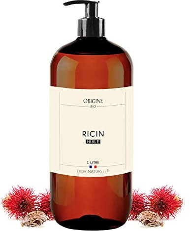 Origine Bio - Huile de Ricin 1l, Pressée à froid, Pure et 100% Naturel Huile Pousse des cheveux, barbe, cils, sourcils, ongles, peau - Bouteille Flacon Pompe - 1 litre
