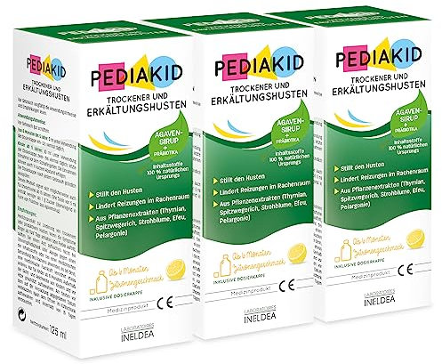 PEDIAKID - Trockener & Erkältungshusten - Exklusive Formel mit Agavensirup - Beruhigt den Husten - Lindert Halsreizungen - Natürliches Zitronenaroma - Packung mit 3 Flaschen 125 ml