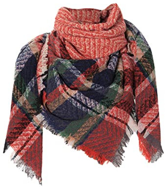 Damen Schal XXL Warm Weich Strickschal Karo Winterschal Herbstschal Wolleschal Frauen Deckenschal Halstuch Scarf Poncho Cape (06 Orange, One Size)