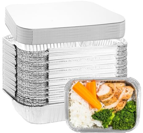 WOPPLXY Paquete de 50 Bandejas de Aluminio con Tapa, Bandejas de Aluminio para Parrilla de 19,5 x 14,1 x 4,3 cm, Bandejas para Parrilla de Aluminio de 650 ml para Hornear, Asar, Cocinar