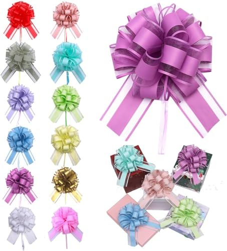 Gran lazo de regalo, 36 piezas de lazo de regalo colorido con cintas metálicas para regalos, lazos grandes, lazo de 18 cm de diámetro, lazos para tirar, lazos decorativos para envolver para bodas