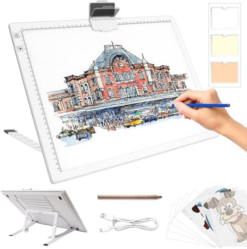 Leuchttisch A3, Tragbares Batteriebetriebene Light Pad, Wiederaufladbare Diamond Painting Leuchttisch mit Ständer, 3 Farben 6 Helligkeitsstufen Leuchtplatte für Abpausen(weiß)