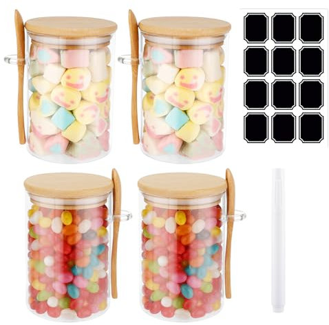 Rubessia Overnight Oats - Set di 4 barattoli in vetro con coperchio e cucchiaio, 540 ml, con coperchio, zucchero, caffè, caramelle