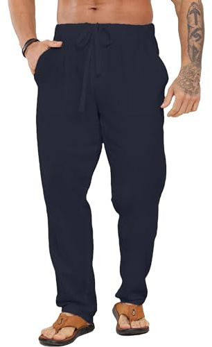 LVCBL Pantalon Homme Lin Et Coton Décontracté Pantalon Toile Été Yoga Homme Léger Taille Elastique M-3XL
