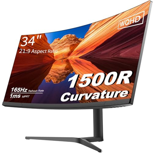34 Curved WQHD 3440×1440 Gaming Monitor 165Hz, 1500R, 100% sRGB, HDR 10, AMD Free-Sync Premium/G-Sync kompatibel, 2 x DispalyPort 1.4 & HDMI 2.0, höhen- und neigungsverstellbarer Standfuß, Schwarz