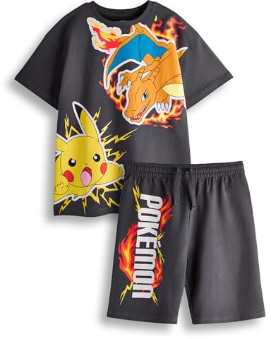 Pokemon Jungen T-Shirt & Shorts Set | Kinder Dunkelgrau Kurzarm Grafik T-Shirt & Bottoms Bekleidungspaket | Pikachu Glurak Pokeball Komplettes passendes Outfit | Spiel TV Serie Film Merchandise