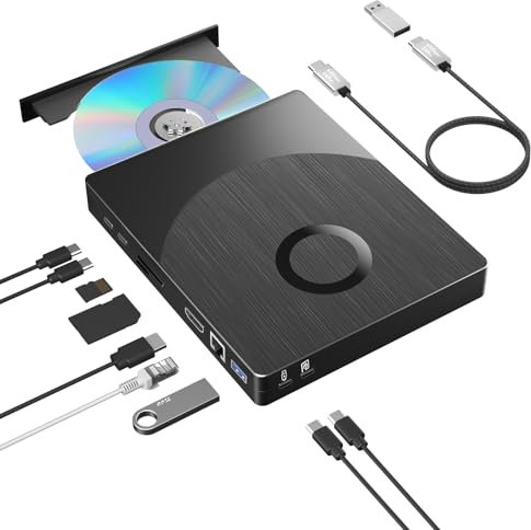 Unidad externa de Blueray/DVD 8 en 1 para PC, unidad externa de CD/DVD para laptop, compatible con disco 3D de 100 G, grabadora Bluray con puerto HDMI/LAN/USB 3.0/Type-C/SD/TF, reproductor Blu-ray