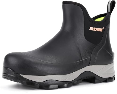 Showave Men's Rubber Boots Waterproof Rain Footwear Durable Short Hunting Boots for Mud Gardening Yard and Chore Working (Size 11,Black)