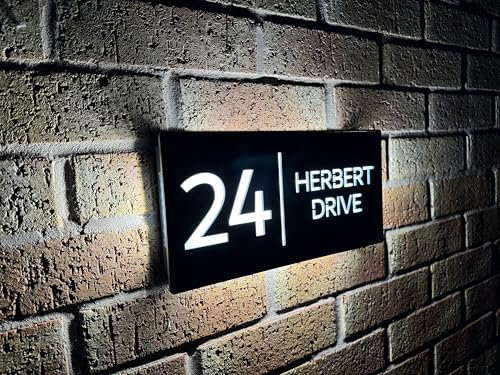 One of a kind design UK Personalised LED Illuminated House Sign with 85 LEDs, Laser Cut Modern Hardwired Wall Light with Address Display - Auto ON/OFF Water-Resistant 305x155 MM (Black, SVL-30X15)