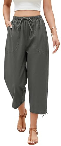 Niwicee Pantalons Femme Pantacourt Cargo d'été 3/4 Long Pantalon avec Poches Coton et Lin Palazzo Pantalon Décontracté avec Cordon Pantalon Fluide Femme (Gris, M)
