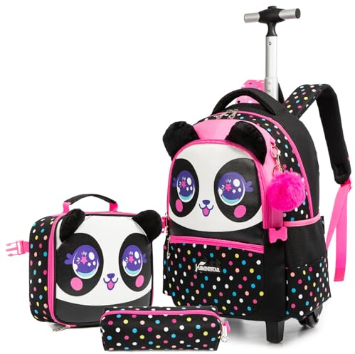 Egchescebo Kids Rolling Animal Backpack for Girls Trolley Suitcases Luggage Travel with Wheels Bookbag Wheeled 17 3PCS Roller Backpacks Set Toddler Back Pack School Bags for Elementary Black