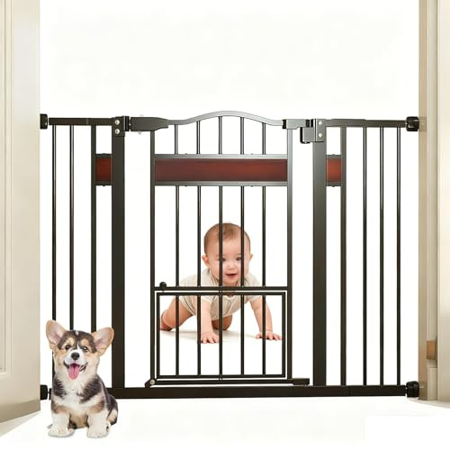 GYMAX Barrière de Sécurité Largeur Extensible 74-104cm pour Chien Chat Enfants, Double Verrouillage, Petite Porte Inférieure, Porte de Sécurité pour Escalier, Pièces, Couloirs (Noir)