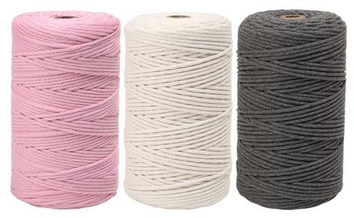 KINDPMA Hilo Macrame 3mm x 200m, Juego de 3 Cuerda Macramé 3mm, Cordon Macrame de Algodón para Decoración Bohemia, Atrapasueños, Colgante de Flores Bricolaje (Beige, Rosa Claro, Gris Oscuro)