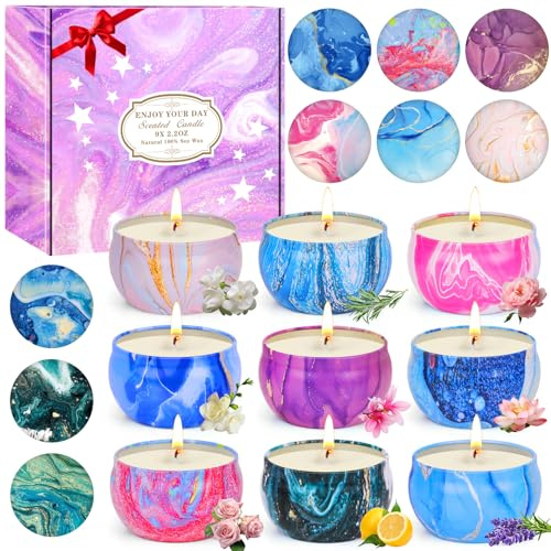 Candele profumate regalo donna, 9 * 2,5OZ piccole candele regalo natale donna, durata combustione180 ore, candele in cera soia naturale per la festa della mamma, Natale, San Valentino, compleanno