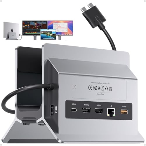 MacBook Docking Station Dual Monitor, Docking Station USB C per laptop con 2 HDMI 4K@60Hz, USB A/C 10Gbps, PD, Ethernet, M.2 SSD Case, Vertical Dock Stand SD/TF per MacBook Pro Air M3 M4 M5
