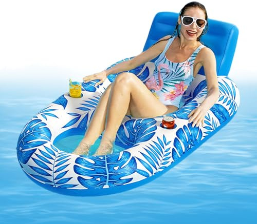 Lounger Gonflable - 63 x 47 Pouces de Piscine Flottante, Fauteuil de Radeau inclinable, lit de Bain de Soleil en PVC Robuste | Pisce de Bois inclinable Flotteur pour Les fêtes de Jardin avec po