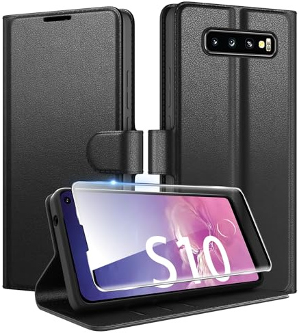 Coiwxmoi für Samsung Galaxy S10 Hülle Mit 1 Stück Panzer Schutz Glas, Wallet Premium PU Leder Handyhülle, Standfunktion Schutzhülle Kartenfach Stoßfeste Klapphülle Flip Case Cover Schwarz