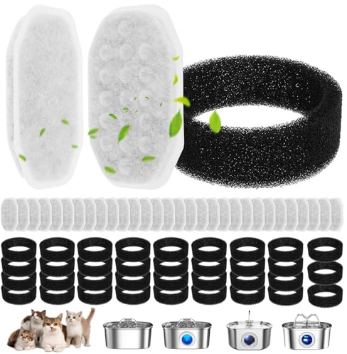 64-pack kattfontän ersättningsfilter för rostfritt stål 3,2 l, justerbart vattenflöde, vattenfontän för husdjur (32 filter och 32 svampar)