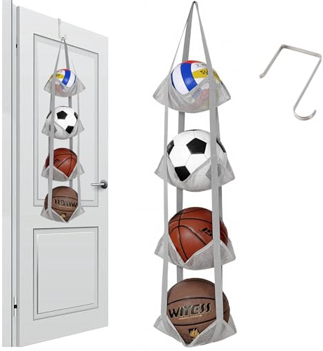 ONEJI 4 Strati Organizer Porta Palloni in Rete, Supporto Verticale per Palloni da Porta o Parete per Basket, Calcio, Pallavolo, Giocattoli e Snack, Salvaspazio per Garage, Casa e Cantina