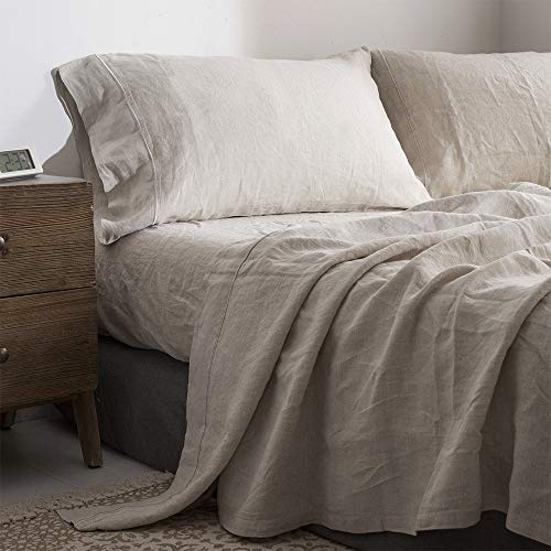 Simple&Opulence Set di lenzuola in 100% lino lavato, per letto matrimoniale, 4 pezzi, traspirante, ultra morbido, biancheria da letto (1 lenzuolo piano, 1 lenzuolo con angoli, 2 federe), lino ricamato