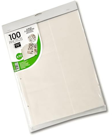 Lot de 10 Feuillets Pochettes Recharges pour Album Photo et Classeur, 100 Photos (11,5x15 cm ou 10x15 cm) - 20 Pages Blanches, 5 Photos par Page - Compatible 29x36,4 cm -Marque Française