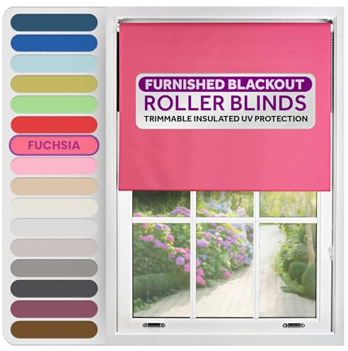 FURNISHED Roller Blinds Window Blackout, Fuchsia, 240cm Wide x 210cm Long | Thermal 100% blackout trimmable insulated UV protection child safe easy fit home office window blinds