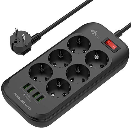 Hulker Steckdosenleiste mit USB, Mehrfachsteckdose 6 Steckdosen 4 USB-Anschlüsse Adapterstecker mit Überspannungsschutz 2M Kabel EU-Steckdose