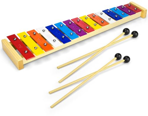 CeleMoon Xylophone en bois naturel 15 tons pour enfants et tout-petits avec barres métalliques multicolores, instrument de musique pour enfants garçons et filles