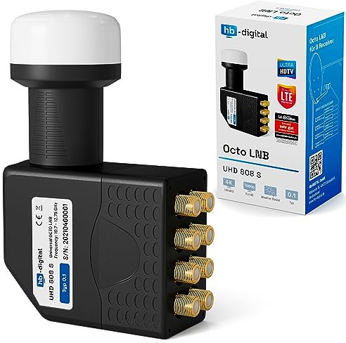HB-DIGITAL Universal Octo LNB Noir - UHD 4K Full HD DVB-S/S2 - Facteur de bruit de 0,1 dB - pour huit récepteurs satellite (connexion directe) - Contacts dorés - Protection contre les intempéries