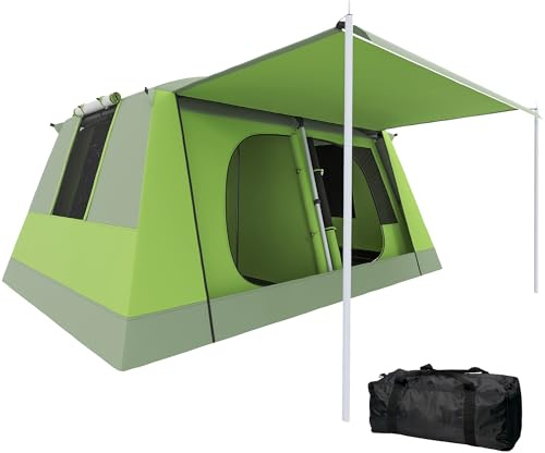 Outsunny Tenda da Campeggio a Tunnel per 4 Persone con 2 Stanze, Tenda Campeggio Familiare Impermeabile 3000mm con Porta, Finestre Laterali e Tasche, 405x305x225cm, Verde