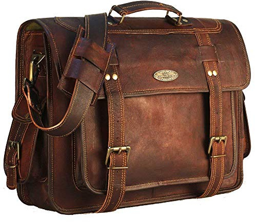 HULSH Leather Laptop Bags for Men and Women, Brown, Large, Retro Satchel Messenger Bag, 18 Inch, Fits Up to 18 Inch Laptops, 3 Main Compartments, 8 Pockets, Crossbody Shoulder Strap