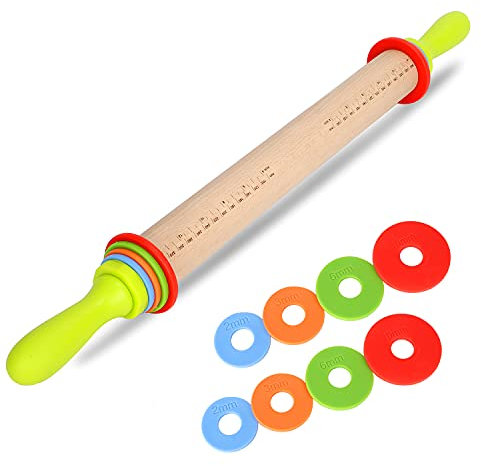 BYbrutek Mattarello Regolabile per Cottura al Forno, con 4 Distanziatori Rimovibili e Manico, Antiaderenti, in Legno di Faggio, 36 cm