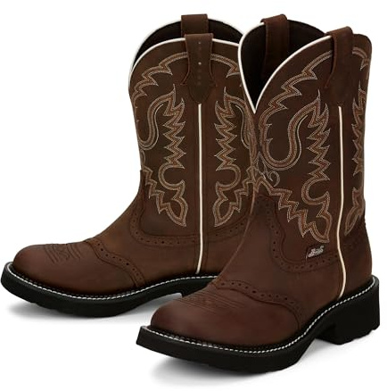 Justin West Inji 11 Western Boot for Women, Premium Full Grain Leather, Cement Construction, Slip-Resistant Round Toe, Metallic Shank, Aged Bark - 8.5 B